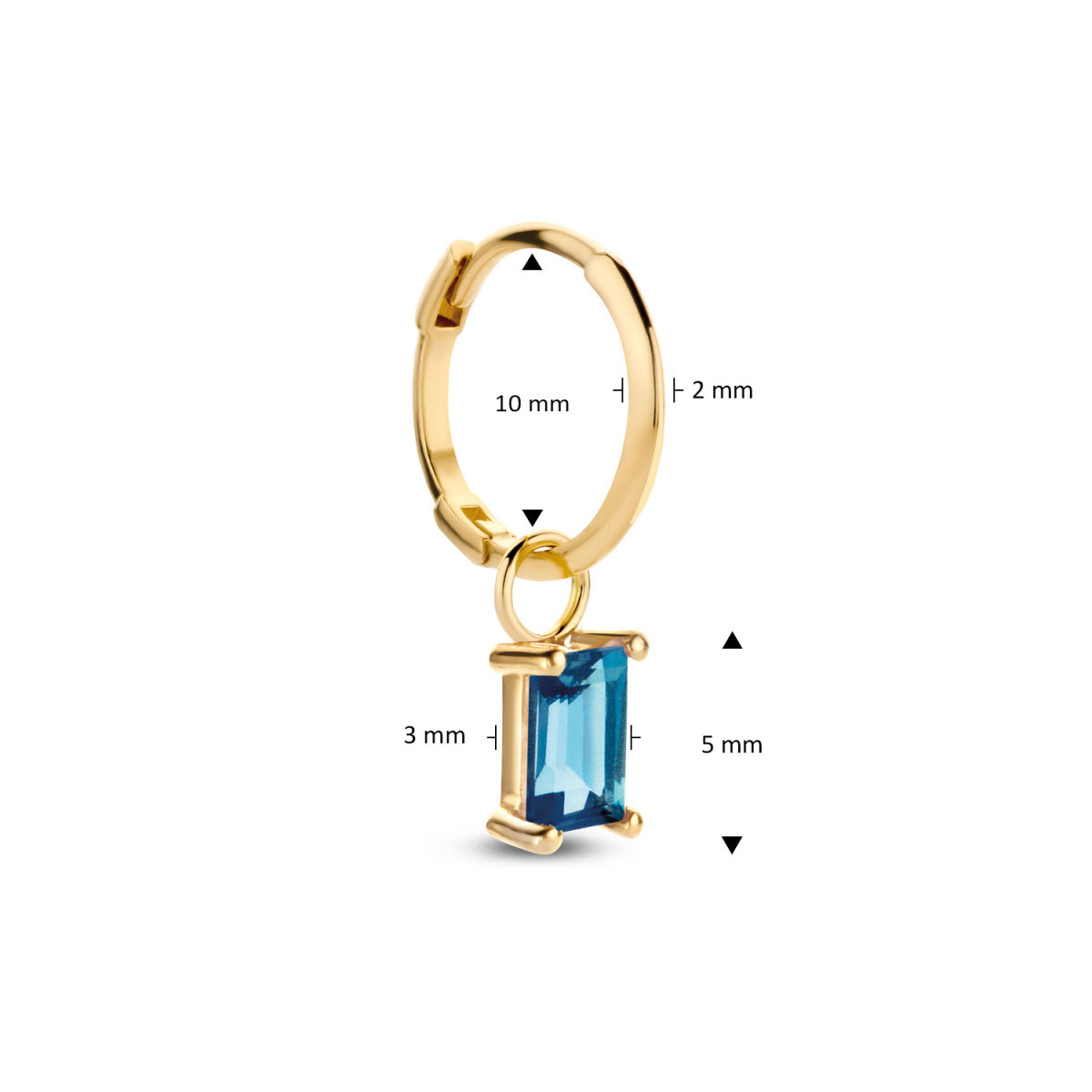 Jackie Gold JKC21.158 gouden oorbedel met rechthoekige blauwe topaas 3 mm breed - Hoogte 5 mm