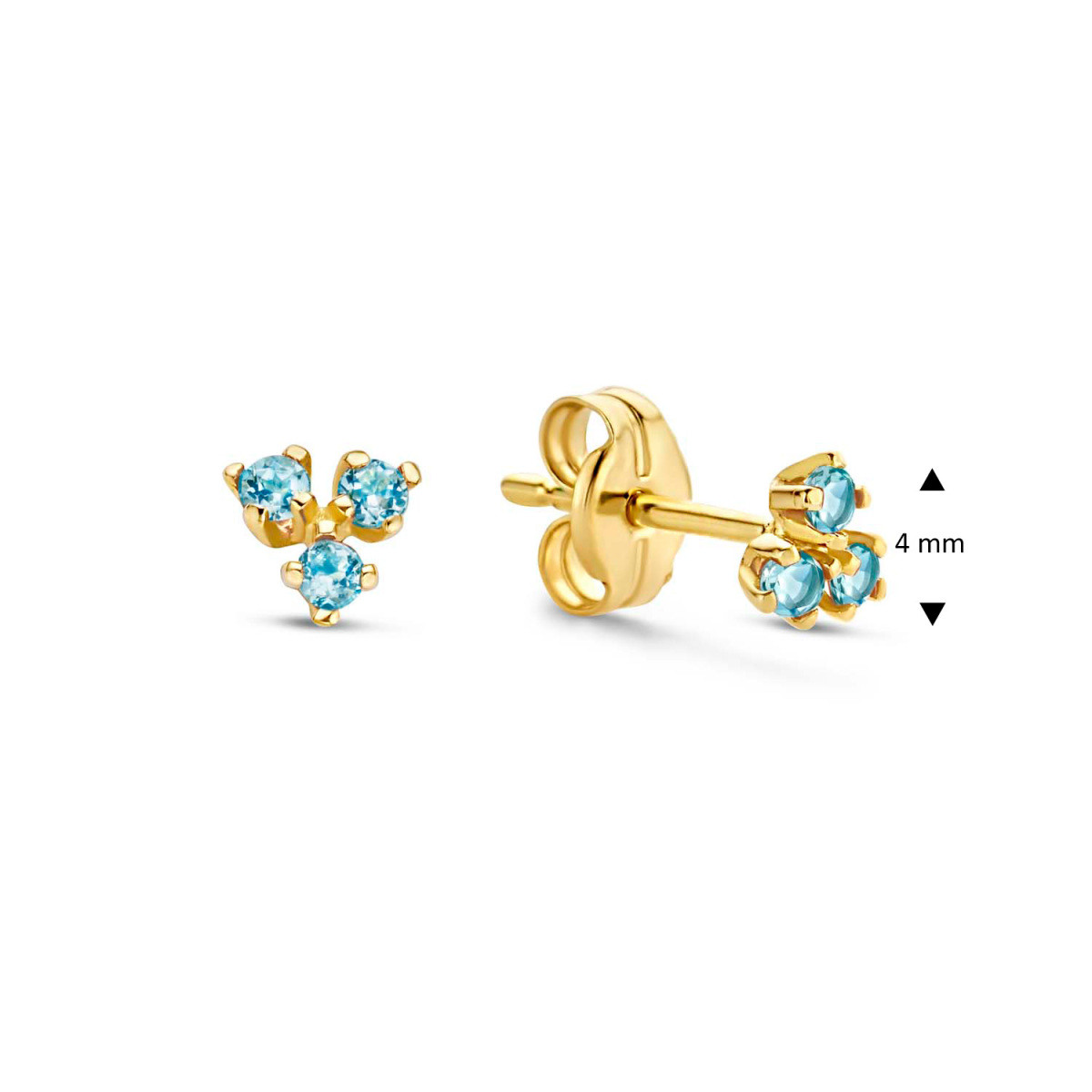 Jackie Gold JKE20.017 14-karaat gouden oorknopjes met 3 blauwe topaas stenen - Hoogte 4 mm