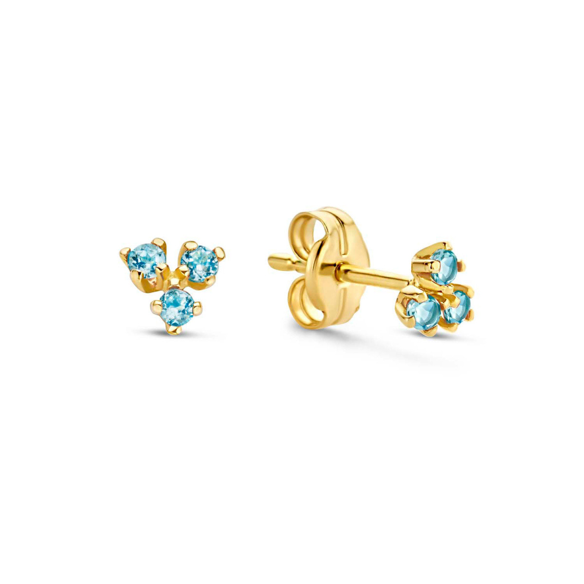 Jackie Gold JKE20.017 14-karaat gouden oorknopjes met 3 blauwe topaas stenen - Hoogte 4 mm
