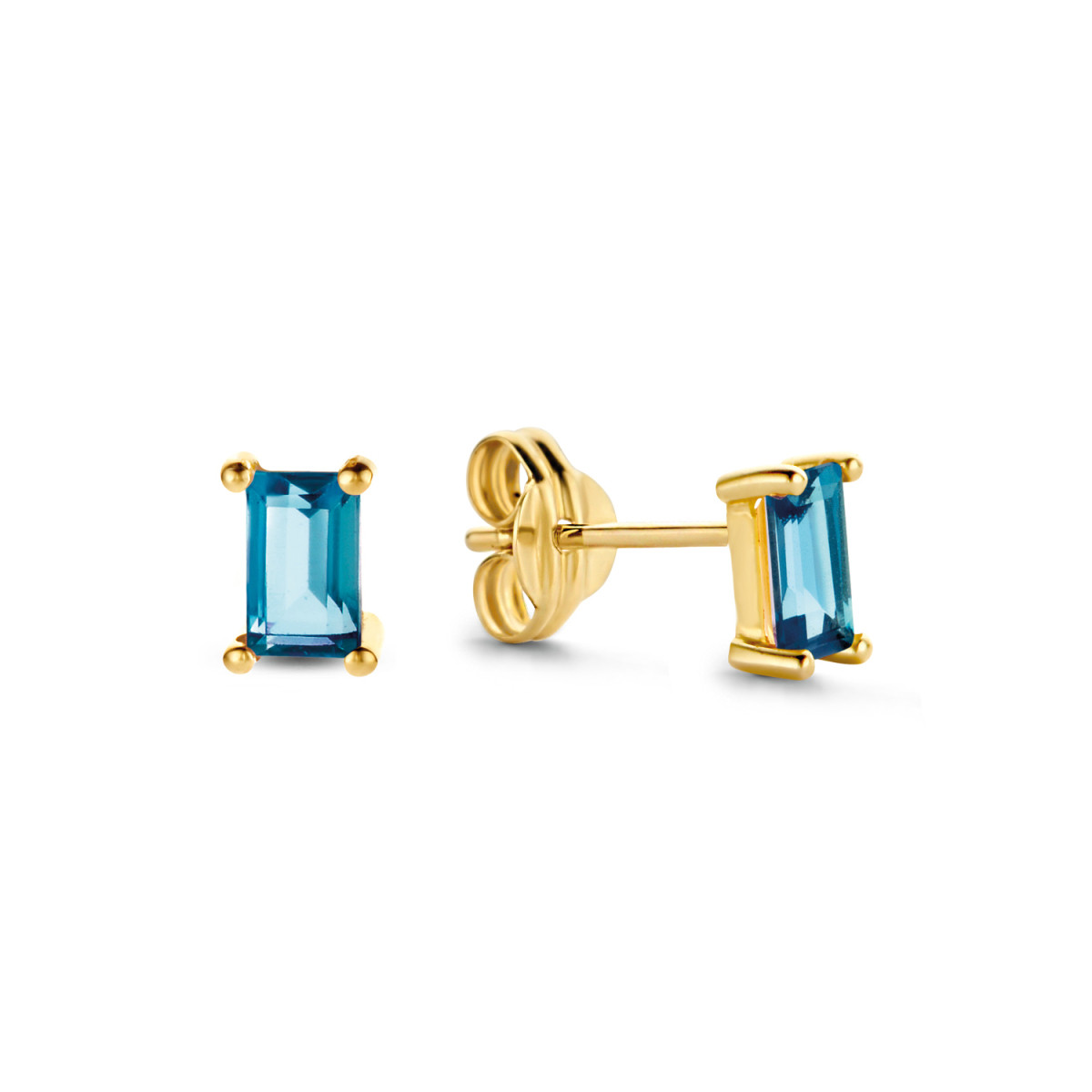 Jackie Gold JKE21.158  rechthoekige 14-karaat gouden oorstekers met blauwe topaas - 5 mm x 3 mm