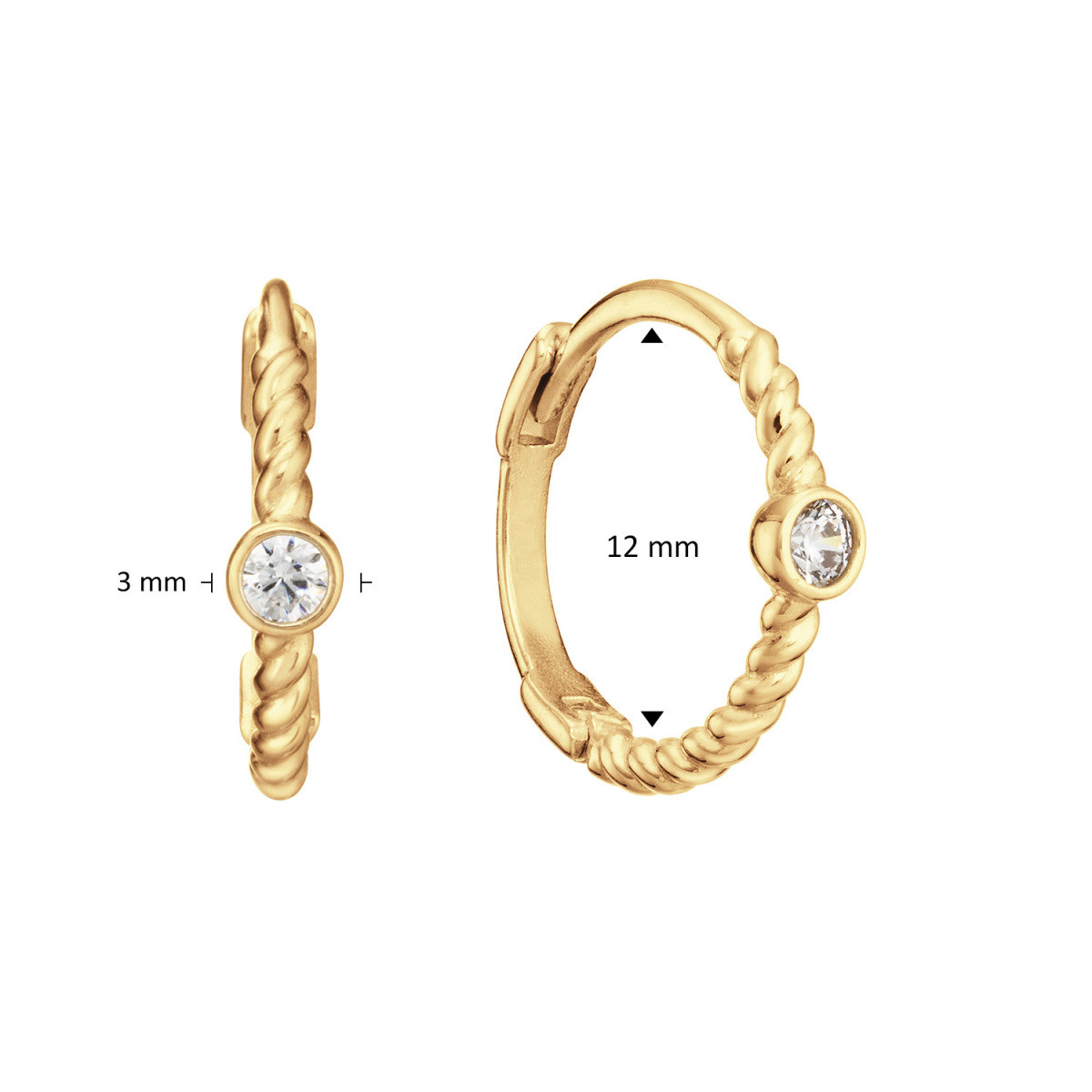 Jackie Gold JKE24.447 gedraaide 14-karaat gouden oorringen met transparante topaas - Diameter 12 mm