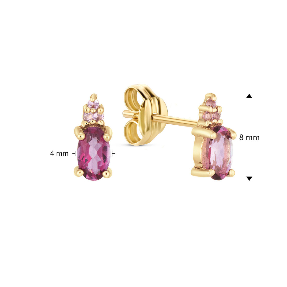 Jackie Gold JKE24.450 ovale 14-karaat gouden oorknopjes met roze topaas - 8 mm x 4 mm