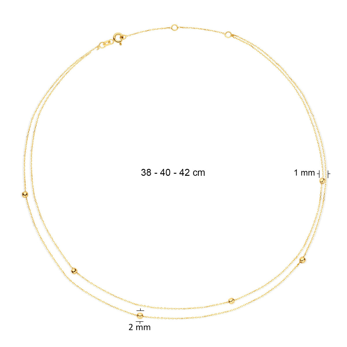 Jackie Gold JKN23.351 14-karaat gouden dubbele ketting met bolletjes - Lengte 38-40-42 cm