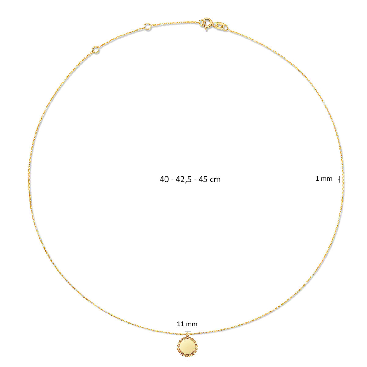 Jackie Gold JKN24.411 14-karaat gouden ketting met ronde hanger met bolletjes rand - Lengte 40-42.5-45 cm