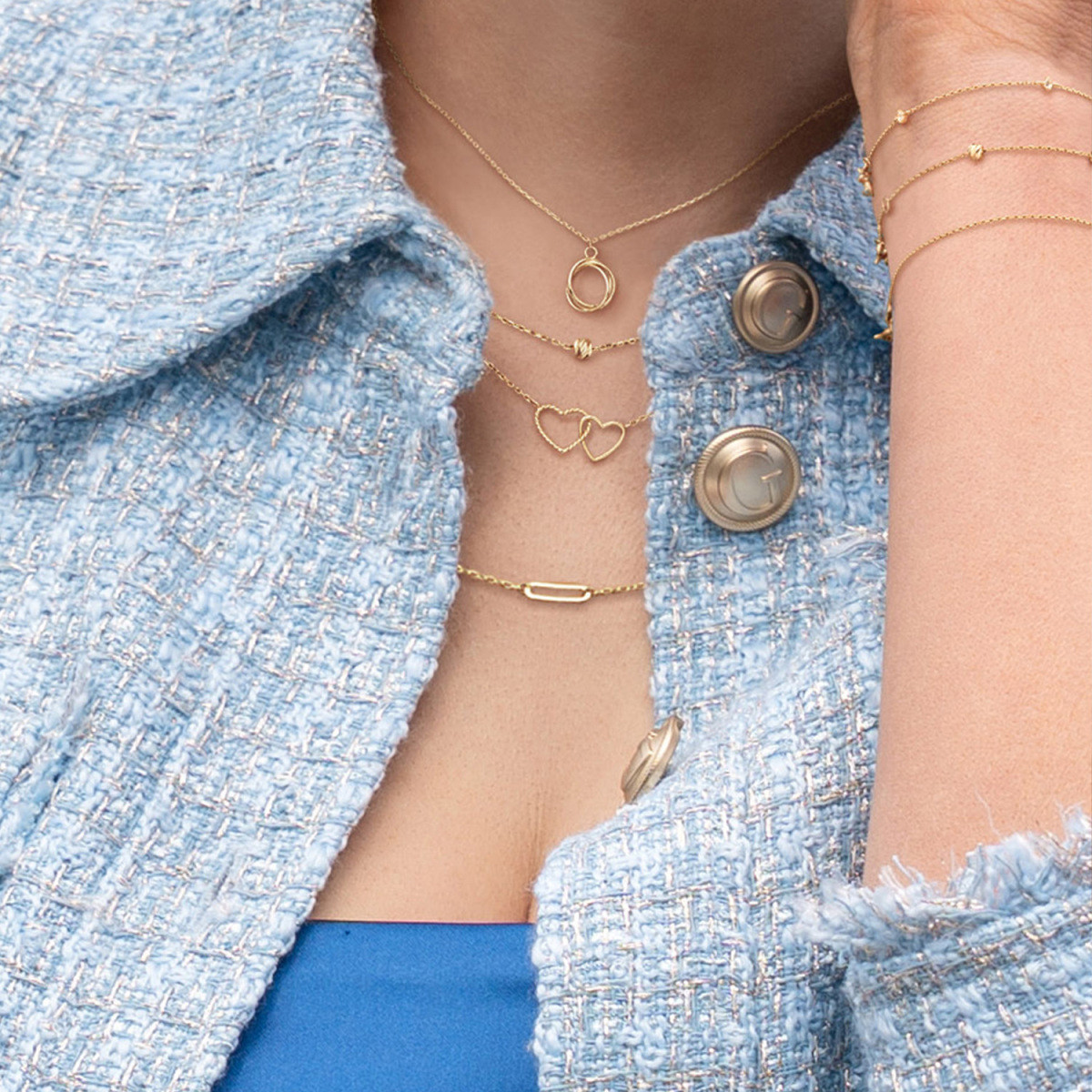 Jackie Gold JKN25.559 14-karaat gouden ketting met 2 hartjes glanzend en gedraaid - Lengte 40-42.5-45 cm