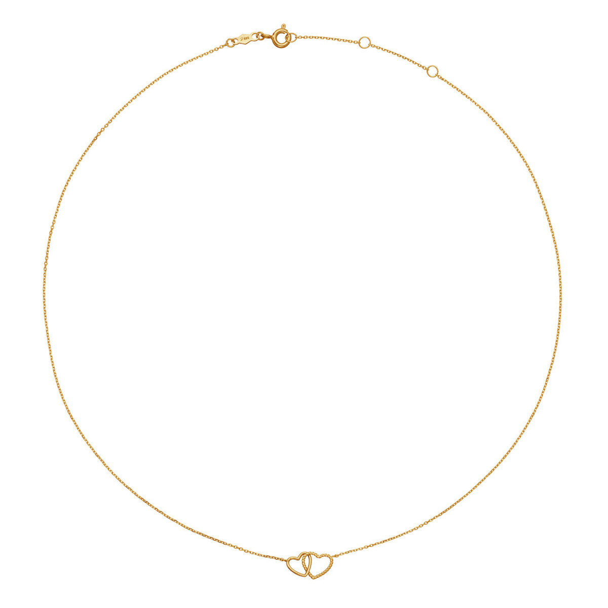 Jackie Gold JKN25.559 14-karaat gouden ketting met 2 hartjes glanzend en gedraaid - Lengte 40-42.5-45 cm