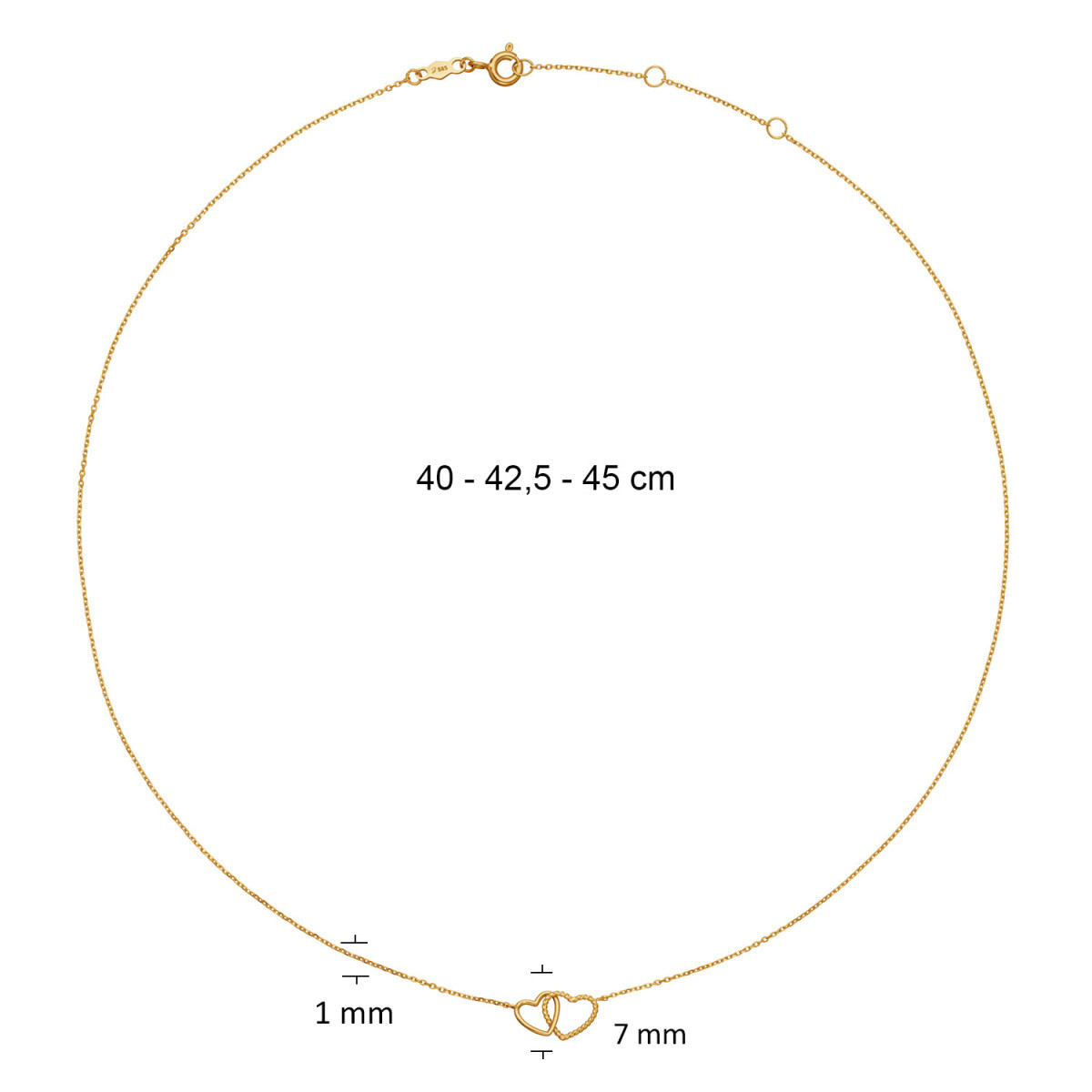 Jackie Gold JKN25.559 14-karaat gouden ketting met 2 hartjes glanzend en gedraaid - Lengte 40-42.5-45 cm