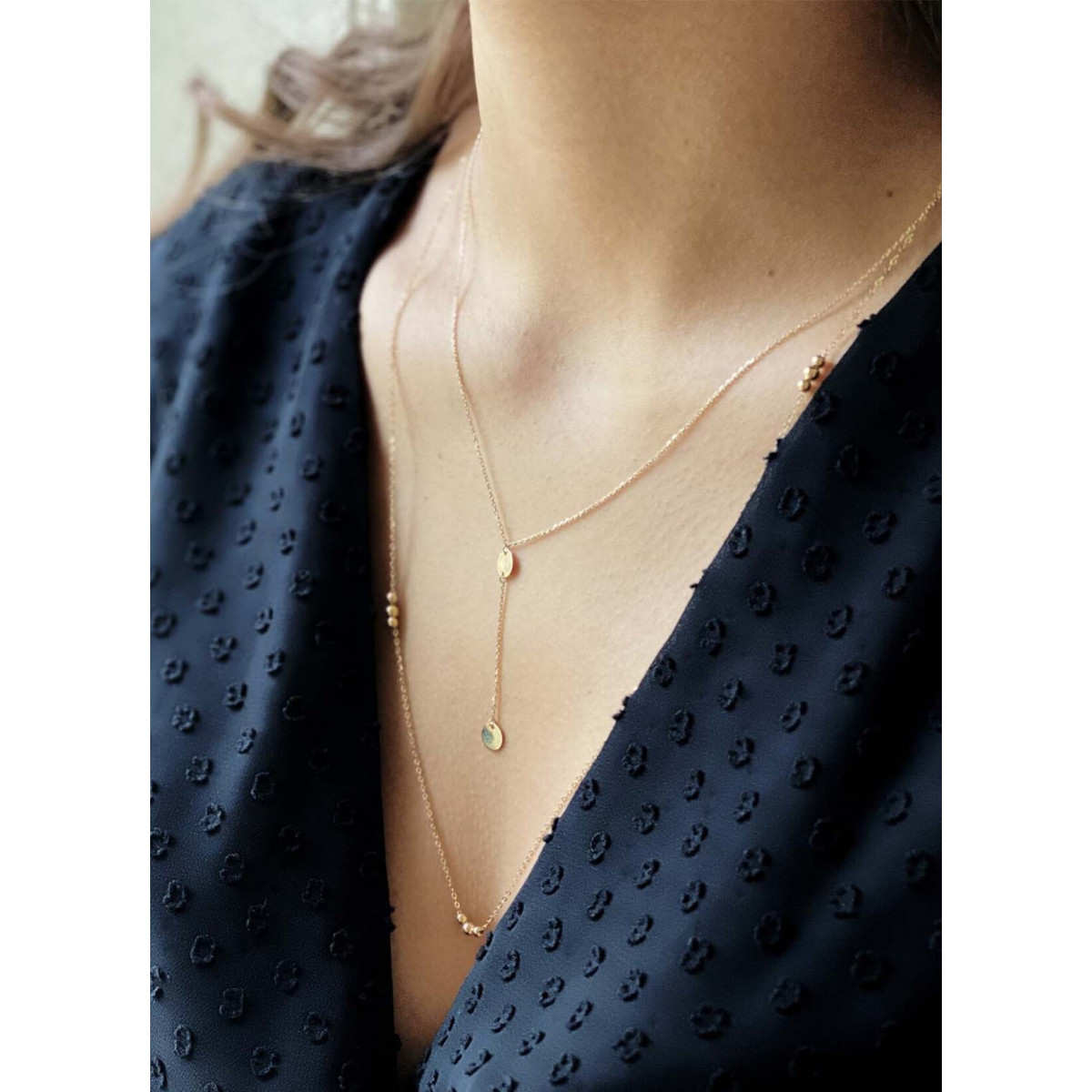 Jackie Gold Long Drop JKN20.044 Y-ketting van 14-karaat goud met schijfjesdesign - Lengte- 40-42.5-45 cm