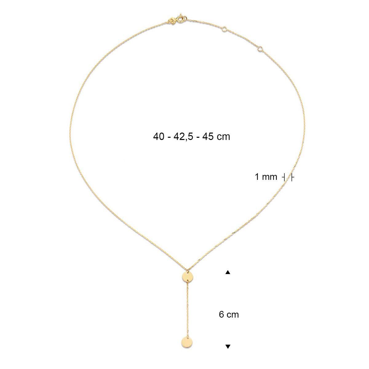 Jackie Gold Long Drop JKN20.044 Y-ketting van 14-karaat goud met schijfjesdesign - Lengte- 40-42.5-45 cm