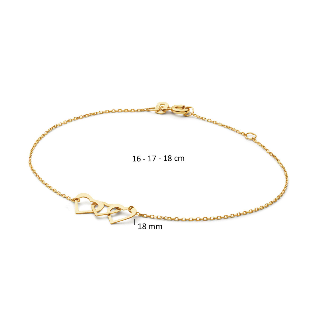 Jackie Gold Moving Love JKB25.550 Armband met drie hartjes van 14-karaat geelgoud - Lengte 16-17-18 cm