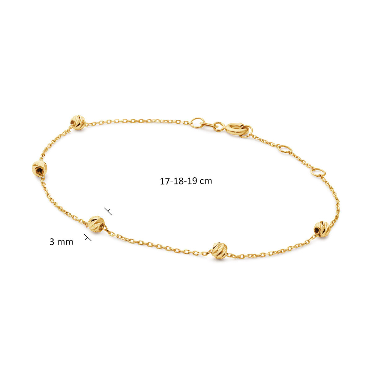 Jackie Gold Rembrandt JKB25.554 Armband van 14-karaat geelgoud met vijf bolletjes - Lengte 16-17-18 cm