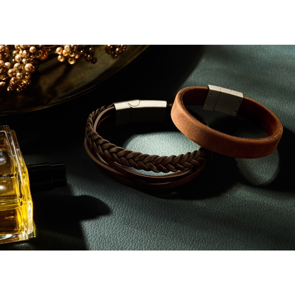 Cognac leren herenarmband met stalen sluiting