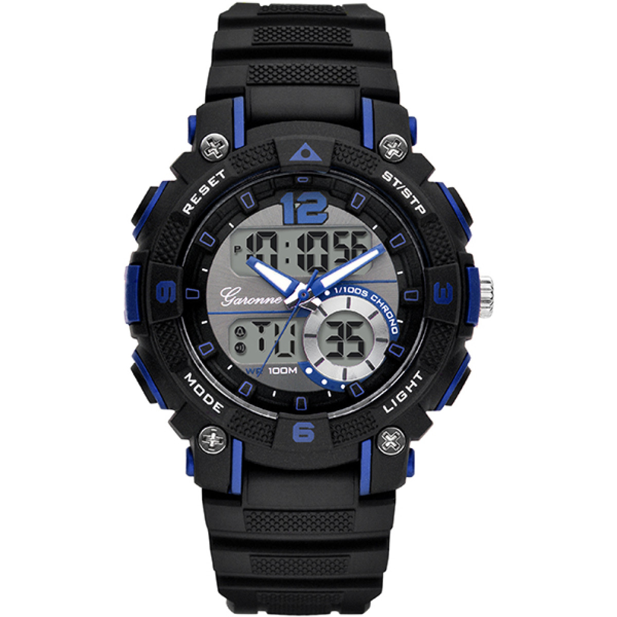 Garonne Kids KQ23Q475 zwart kinderhorloge met blauwe wijzers en digitaal uurwerk - Ø 38 mm
