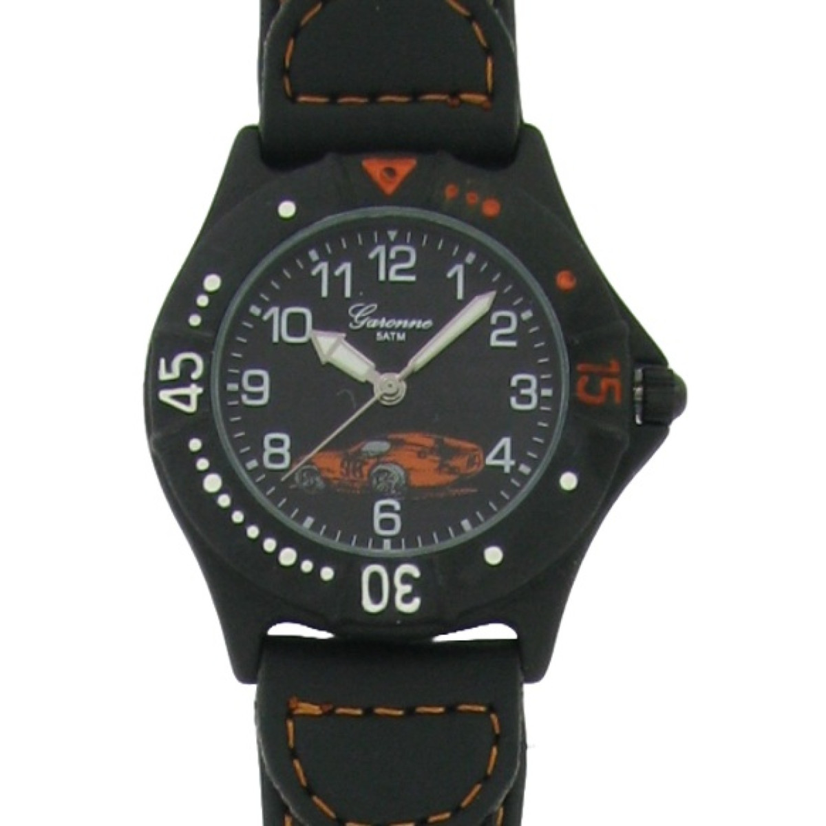 Garonne Kids KQ26Q452 zwart kinderhorloge met oranje raceauto en cijfers