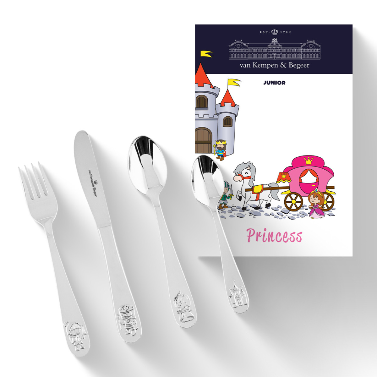 Van Kempen & Begeer Junior Princess KS072.GA4 4-delig kinderbestek van staal met prinsessen thema