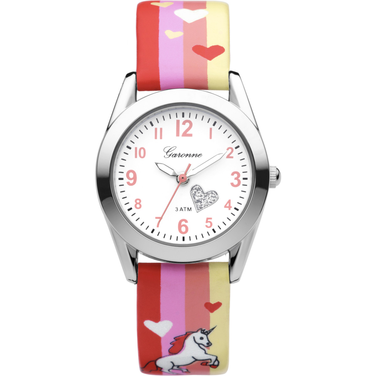 Garonne Kids KV19Q469 regenboog kinderhorloge met eenhoorn en hartjes - Ø 27 mm