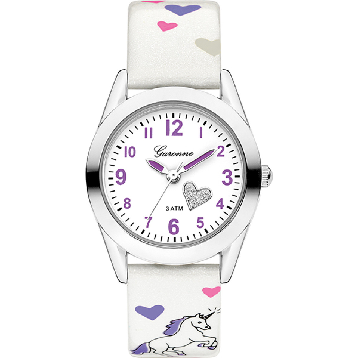 Garonne Kids KV27Q469 kinderhorloge met paarse eenhoorn en hartjes - Ø 27 mm