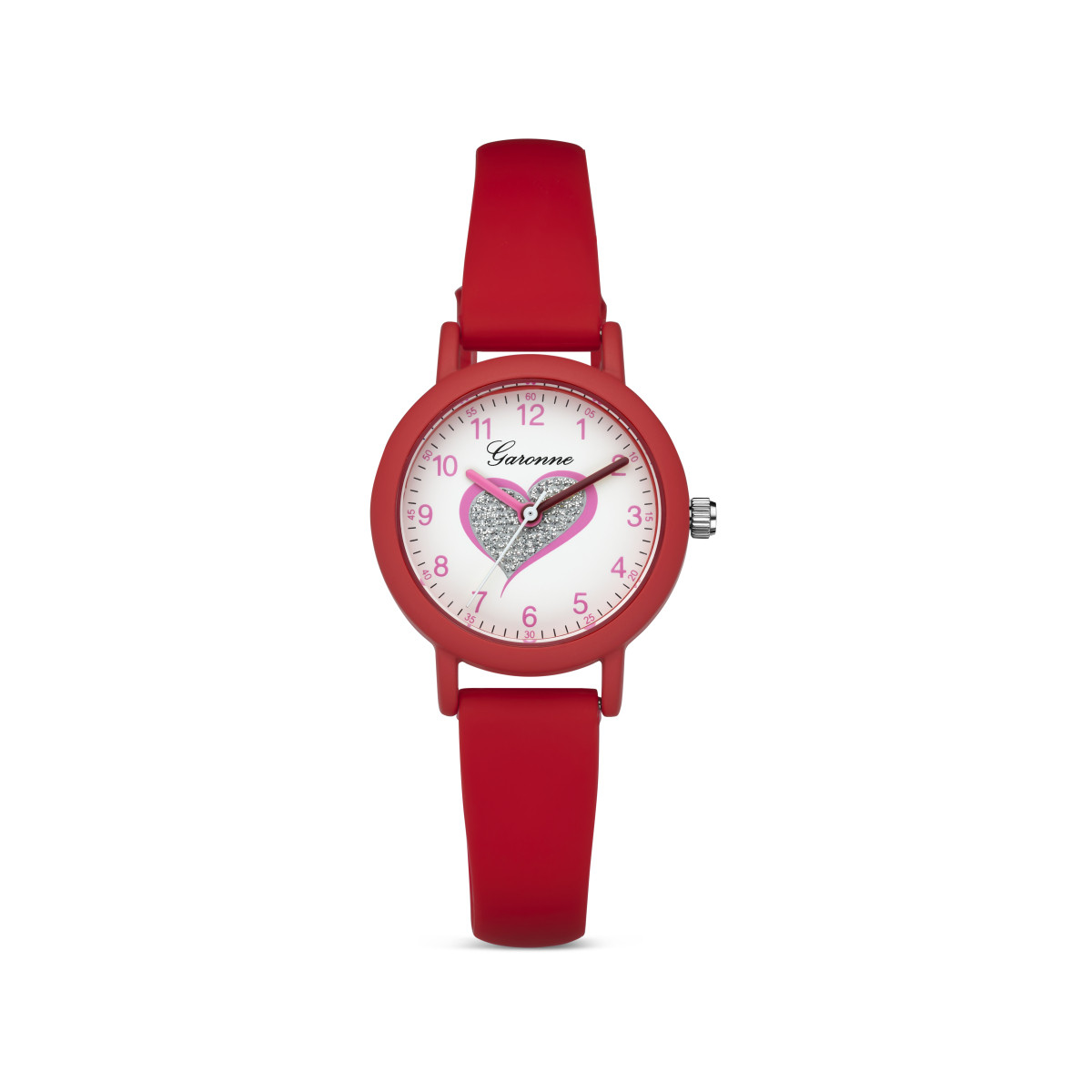 Garonne Kids KV42Q479 rood kinderhorloge met glitterhart en roze cijfers - Ø 27 mm