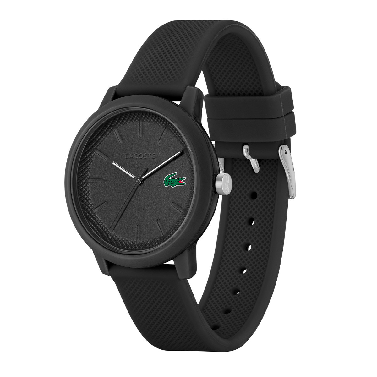 Lacoste 12.12 LC2011171 zwart herenhorloge met siliconen band en groen logo - Ø 42 mm