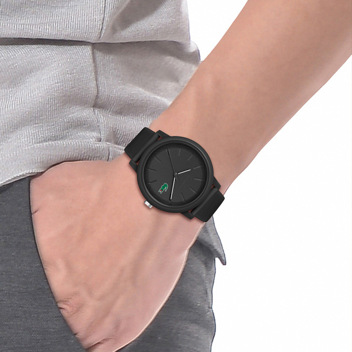 Lacoste 12.12 LC2011171 zwart herenhorloge met siliconen band en groen logo - Ø 42 mm