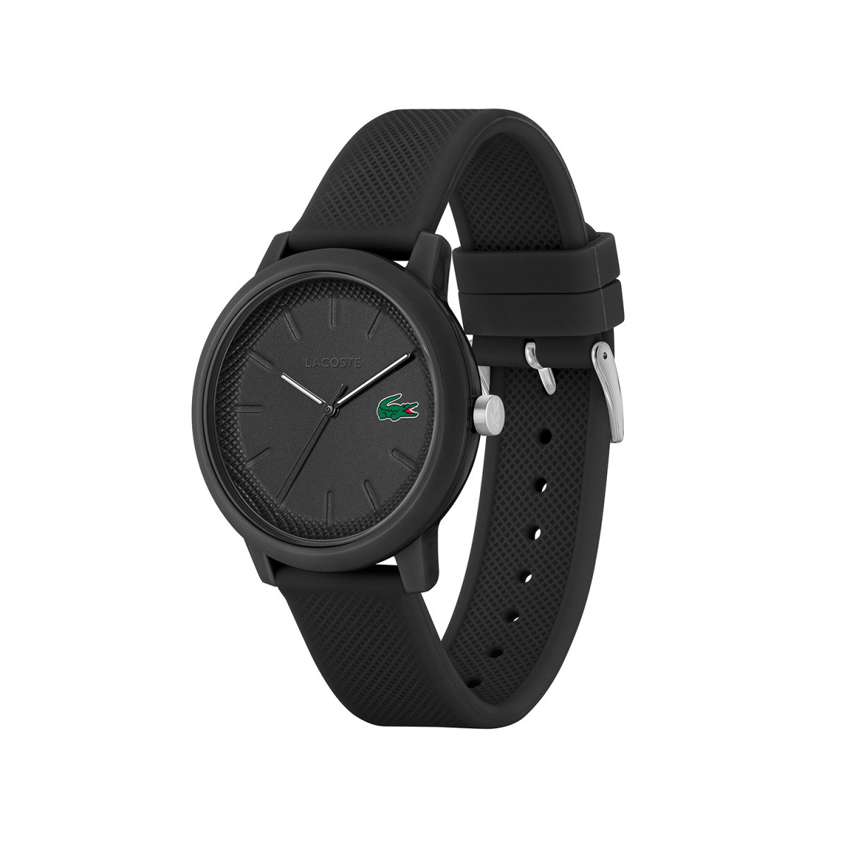 Lacoste 12.12 LC2011171 zwart herenhorloge met siliconen band en groen logo - Ø 42 mm