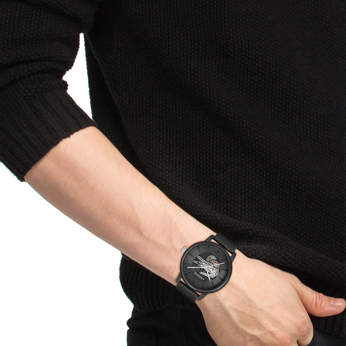Lacoste 12.12 LC2011383 zwart automatisch herenhorloge met leren band - Ø 44 mm