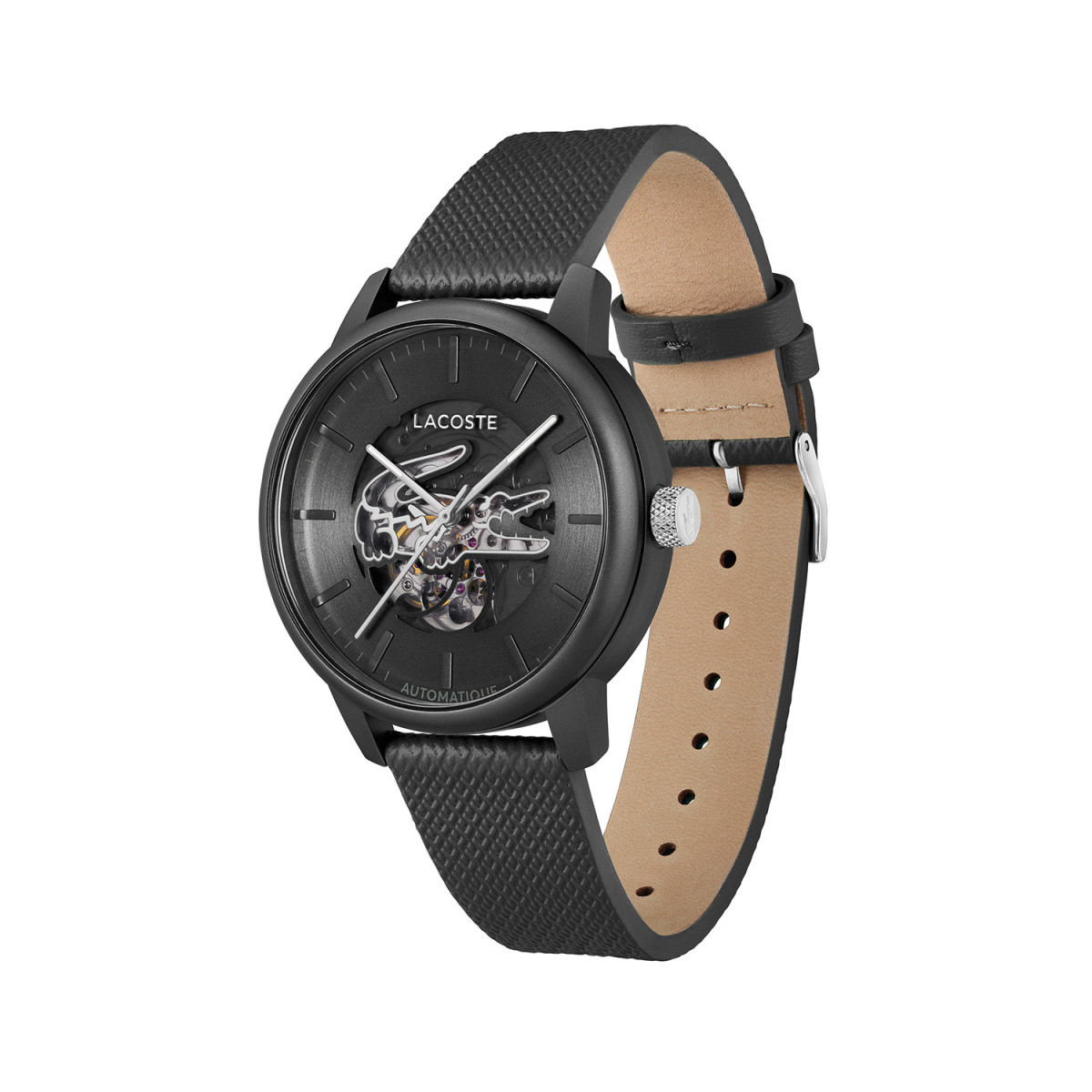 Lacoste 12.12 LC2011383 zwart automatisch herenhorloge met leren band - Ø 44 mm