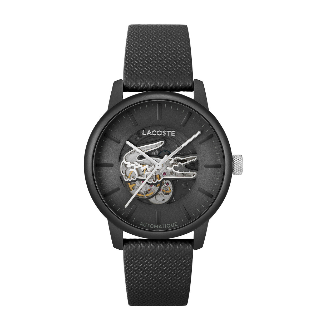 Lacoste 12.12 LC2011383 zwart automatisch herenhorloge met leren band - Ø 44 mm