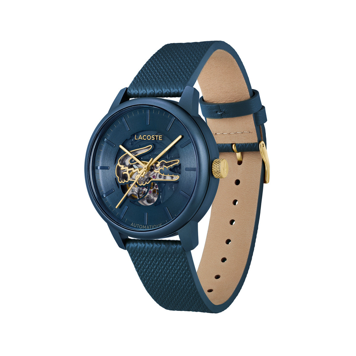 Lacoste 12.12 LC2011385 blauw automatisch herenhorloge met goudkleurig logo - Ø 44 mm