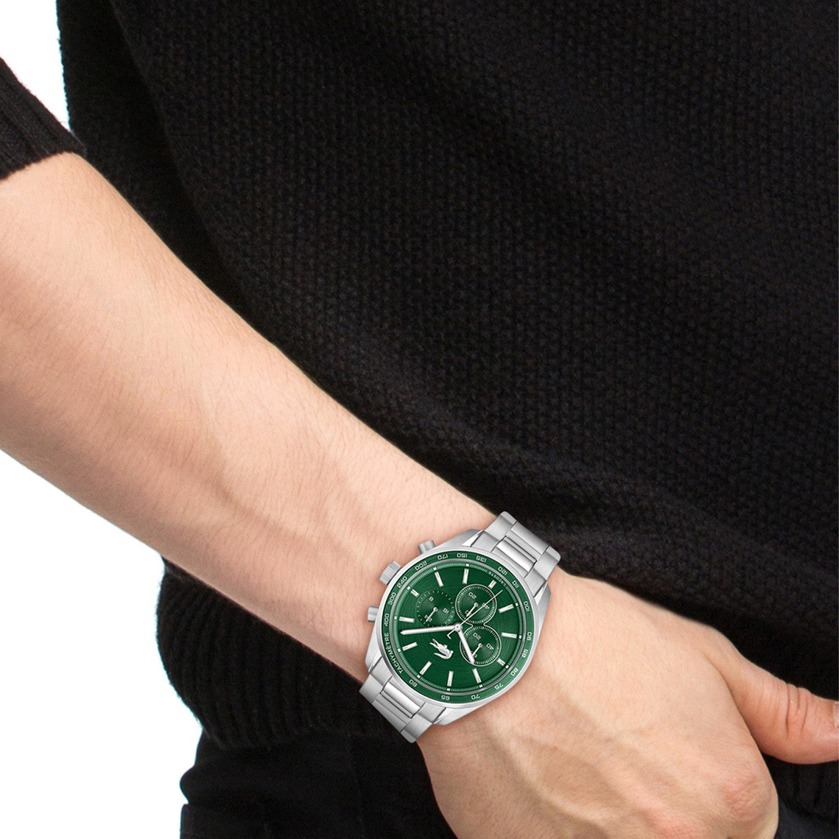 Lacoste Boston Chrono LC2011346 herenhorloge met groene wijzerplaat en stalen schakelband - Ø 42 mm