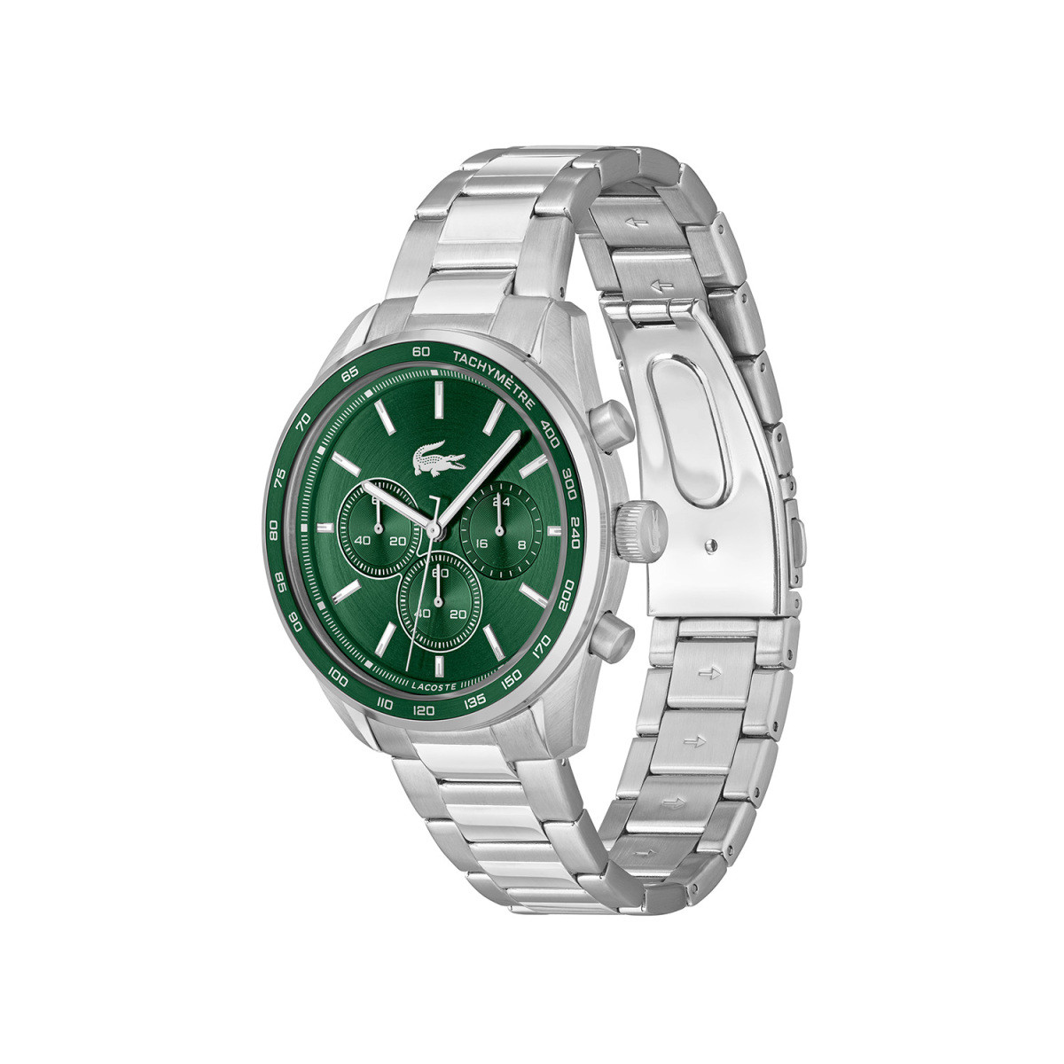 Lacoste Boston Chrono LC2011346 herenhorloge met groene wijzerplaat en stalen schakelband - Ø 42 mm