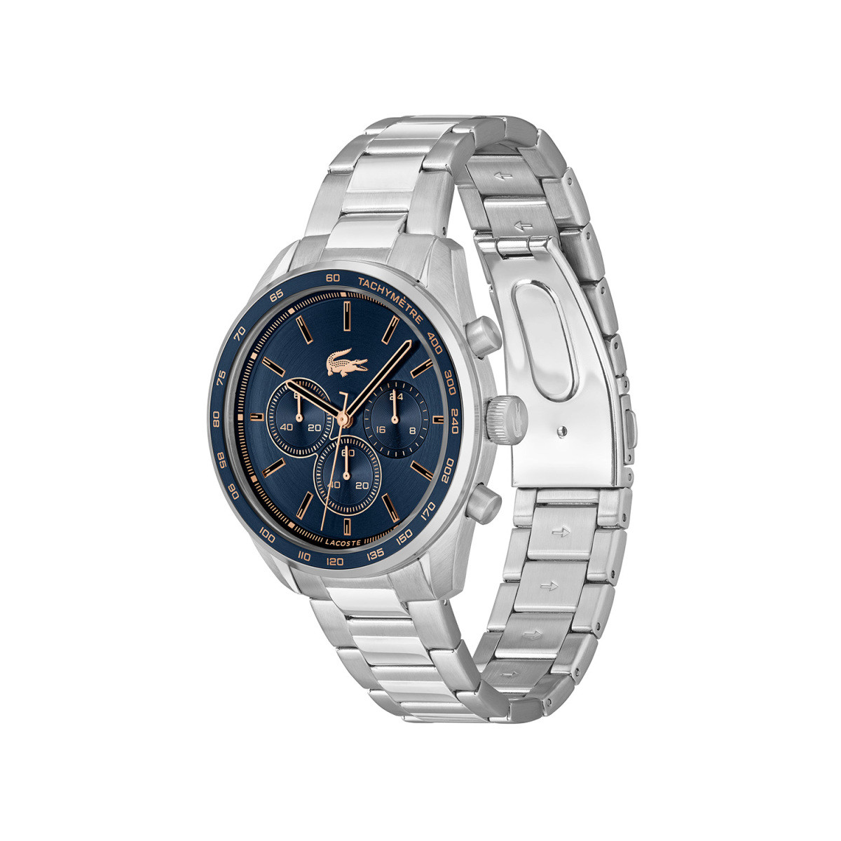 Lacoste Boston Chrono LC2011380 herenhorloge met blauwe wijzerplaat en rosé plated details - Ø 42 mm