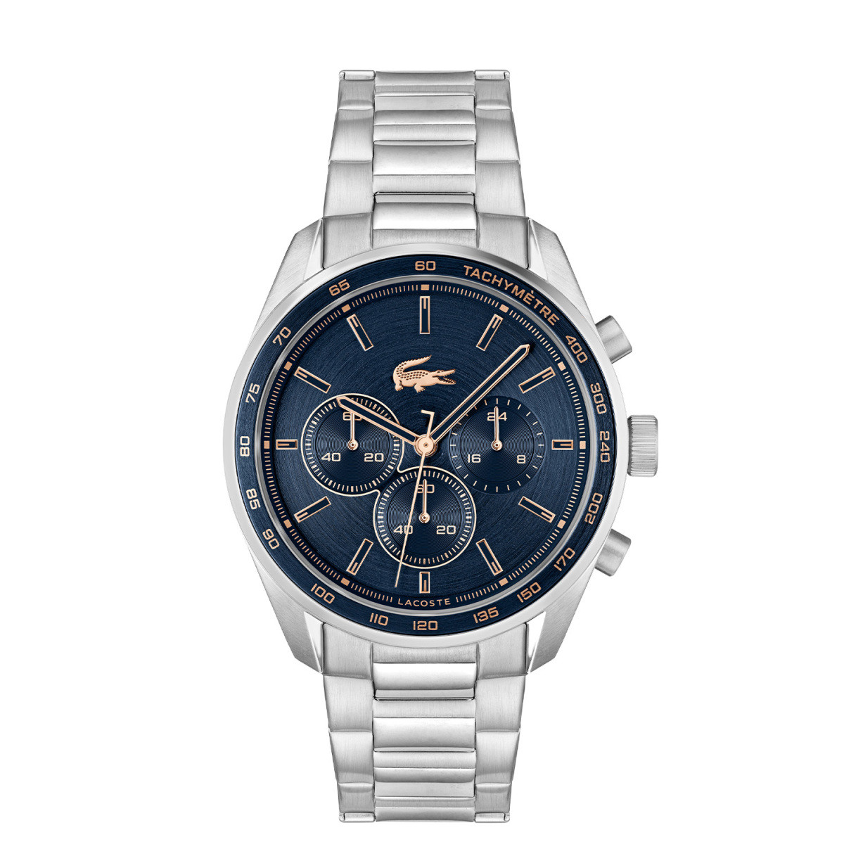 Lacoste Boston Chrono LC2011380 herenhorloge met blauwe wijzerplaat en rosé plated details - Ø 42 mm