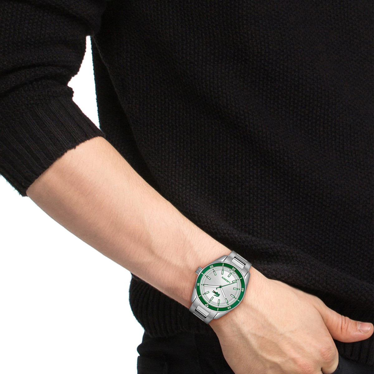 Lacoste Boston LC2011487 herenhorloge met groene bezel en stalen schakelband - Ø 39 mm