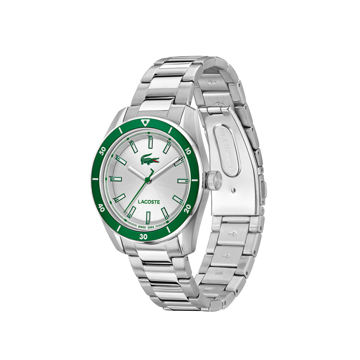 Lacoste Boston LC2011487 herenhorloge met groene bezel en stalen schakelband - Ø 39 mm