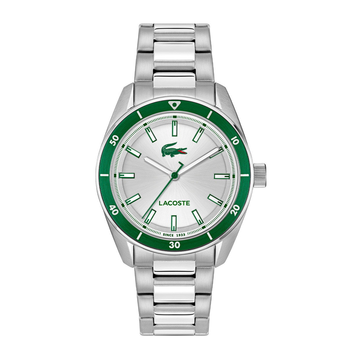 Lacoste Boston LC2011487 herenhorloge met groene bezel en stalen schakelband - Ø 39 mm