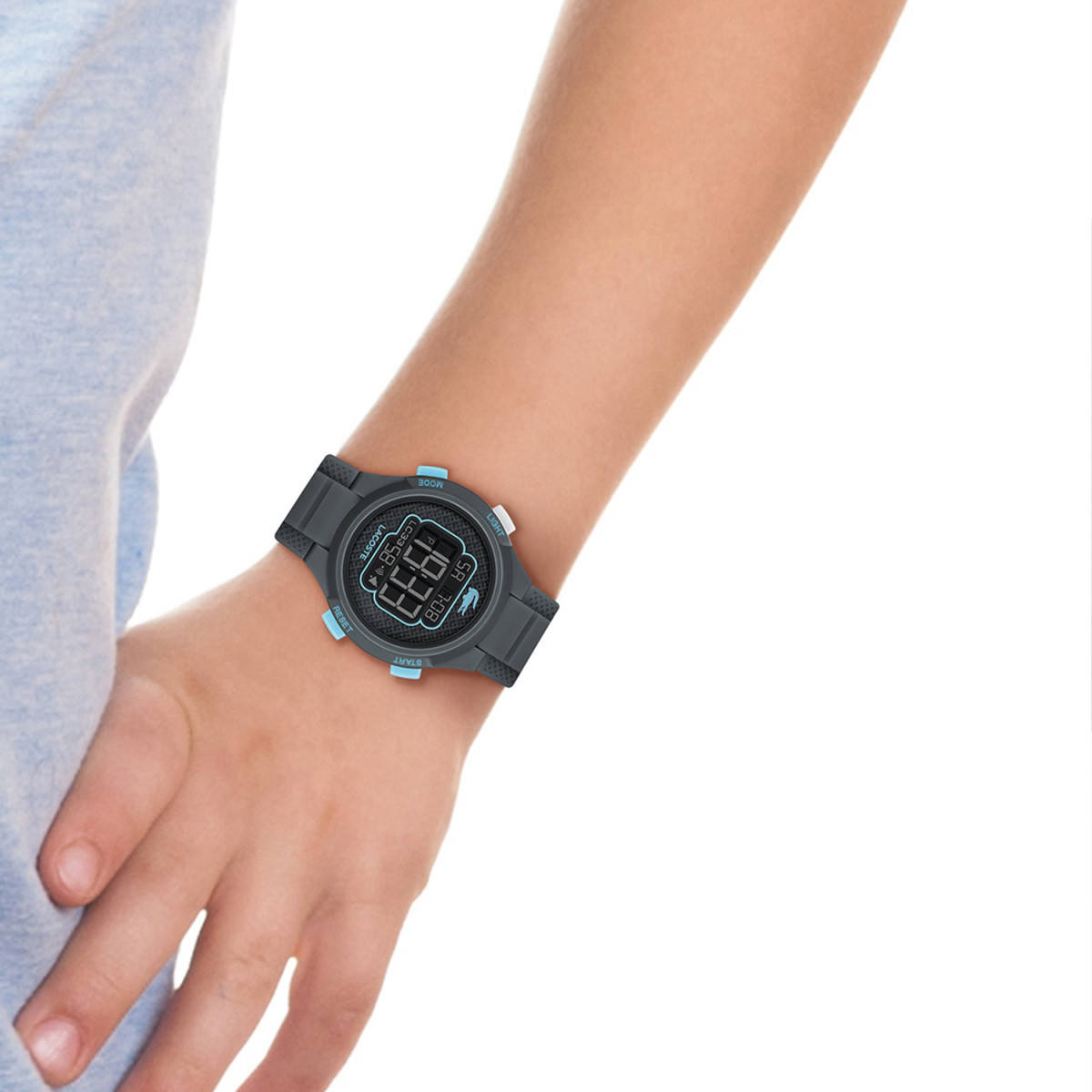 Lacoste LC33 LC2030068 grijs kinderhorloge met digitaal display en blauwe knoppen - Ø 34 mm