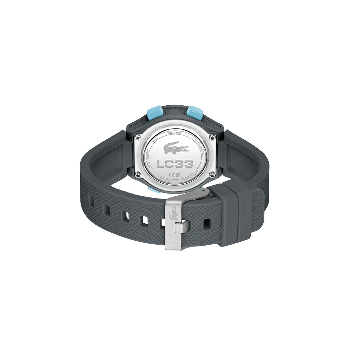 Lacoste LC33 LC2030068 grijs kinderhorloge met digitaal display en blauwe knoppen - Ø 34 mm