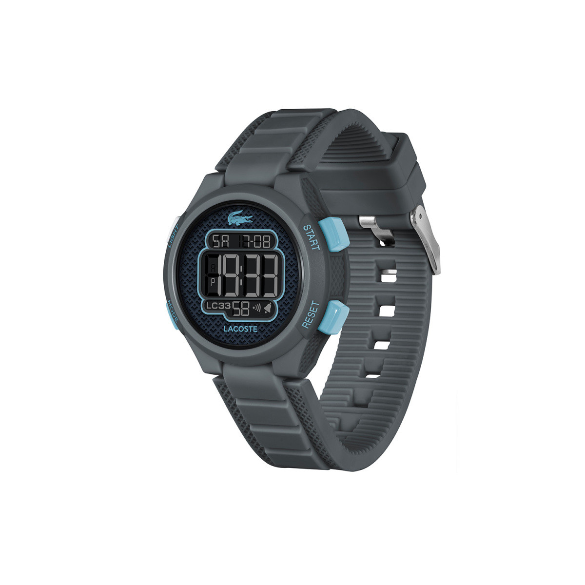 Lacoste LC33 LC2030068 grijs kinderhorloge met digitaal display en blauwe knoppen - Ø 34 mm