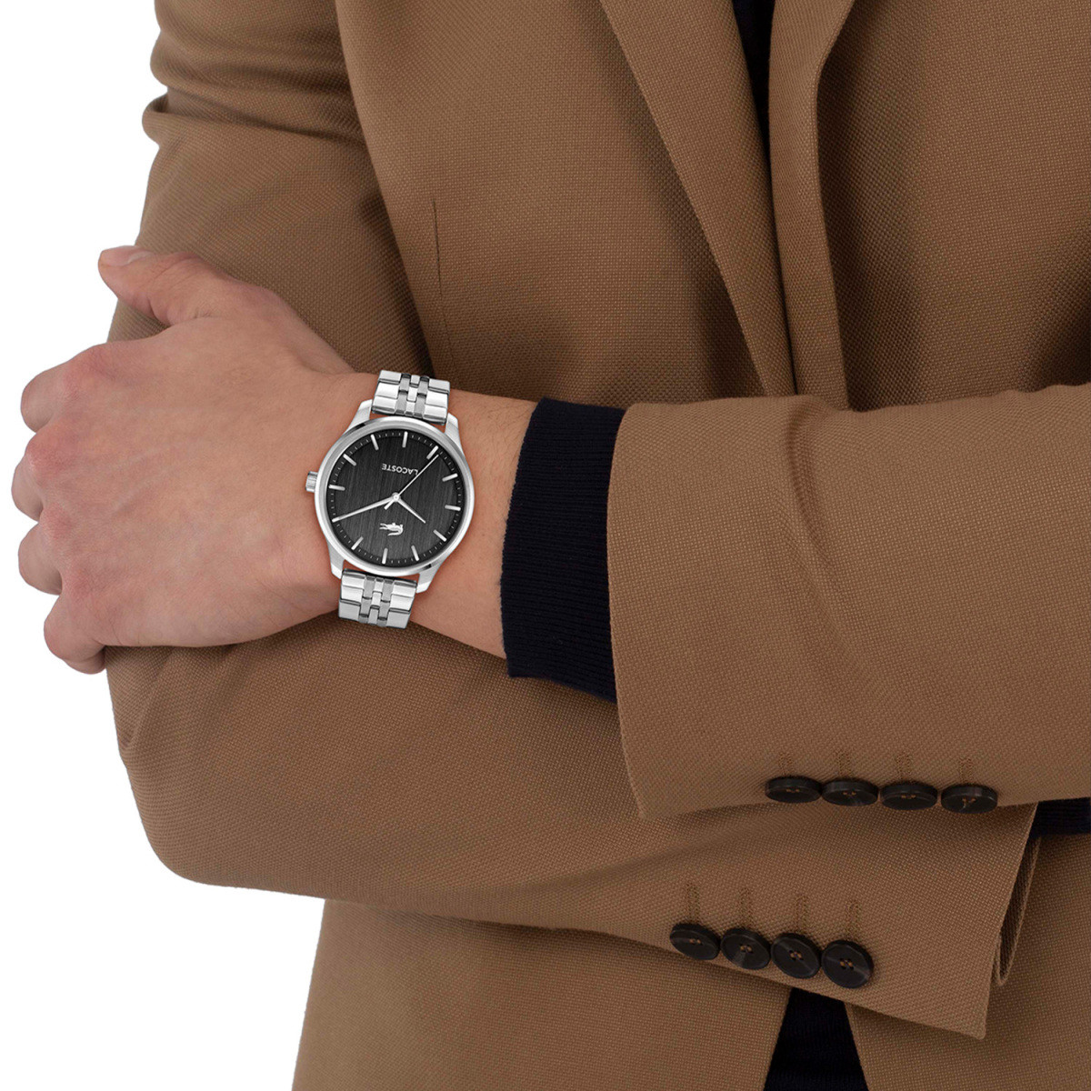Lacoste Lisbon LC2011510 herenhorloge met zwarte wijzerplaat en stalen schakelband - Ø 42 mm