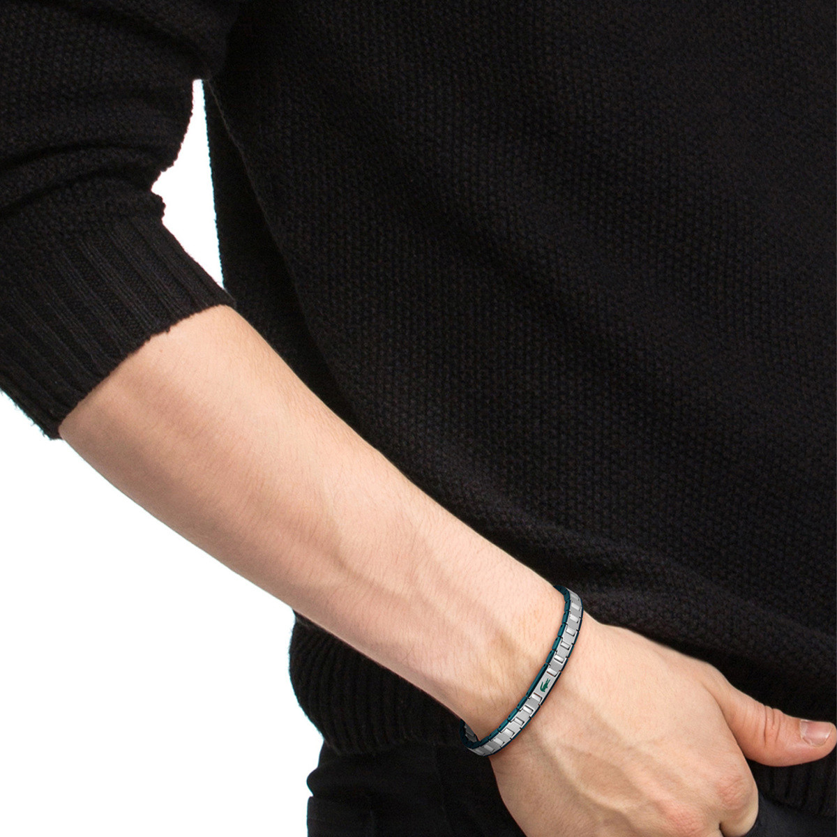 Lacoste Metropole Edge LCJ2040590 stalen schakelarmband met groene rand 9 mm breed - Lengte 19 cm