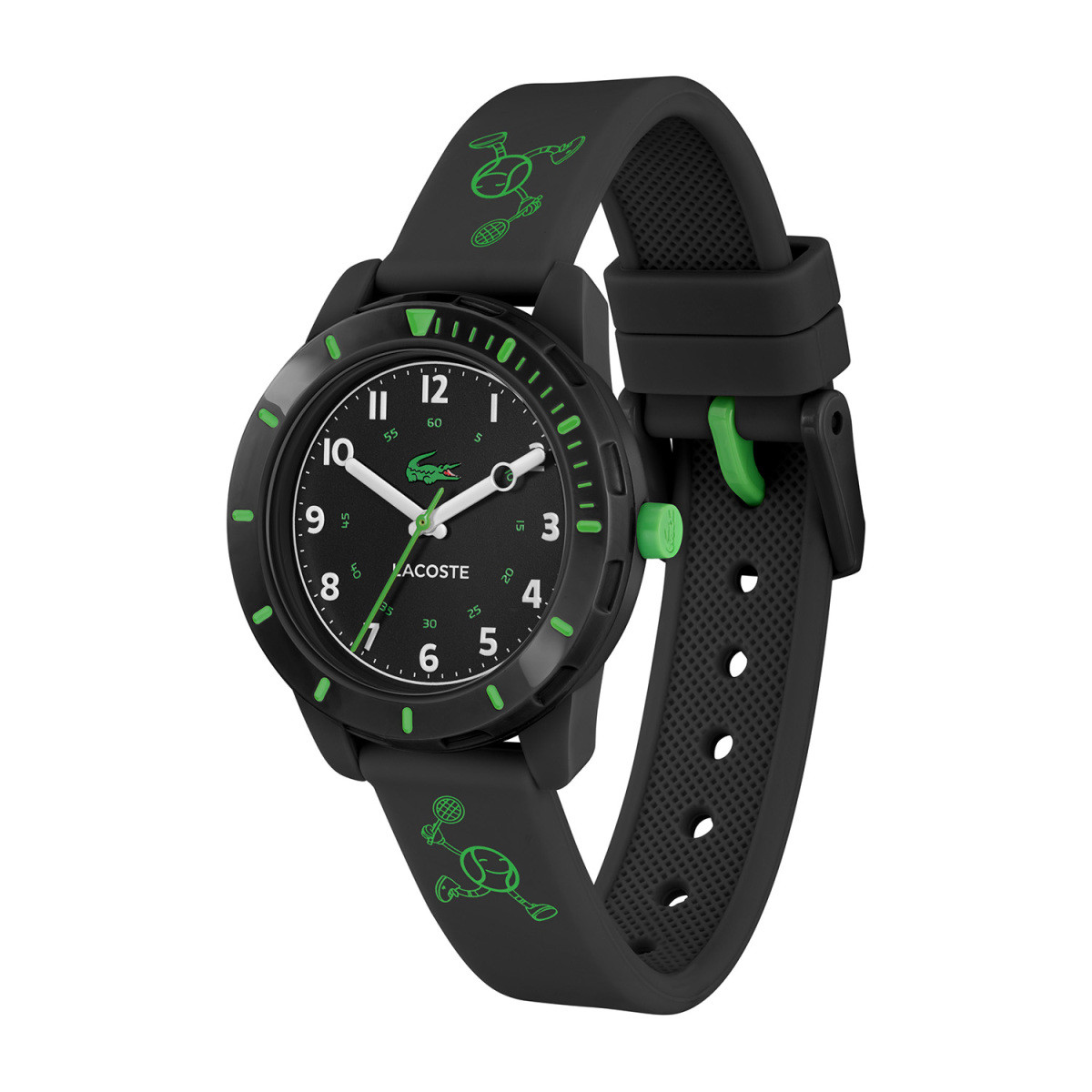 Lacoste Mini Tennis LC2030061 zwart kinderhorloge met groene tennis figuurtjes - Ø 32 mm
