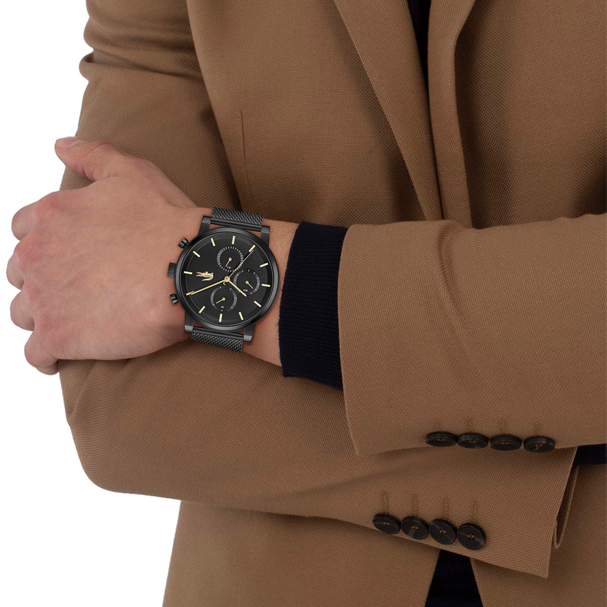 Lacoste Replay LC2011485 herenhorloge met zwarte mesh-band en goudkleurige wijzers - Ø 44 mm