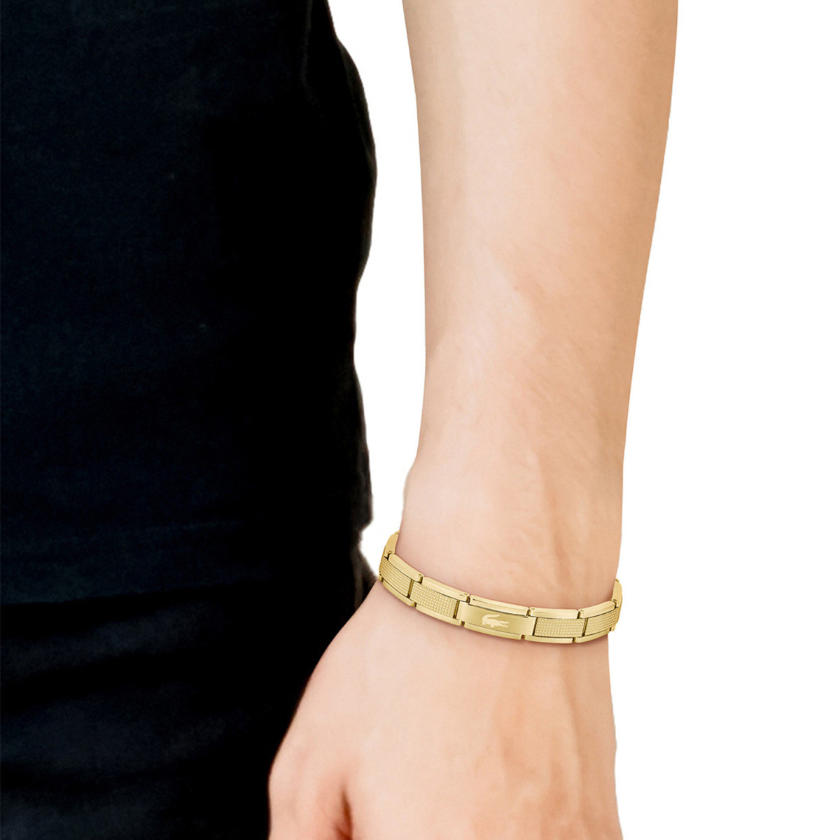 Lacoste Stencil LCJ2040219 goudkleurige stalen armband met rechthoekige schakels 9 mm breed - Lengte 19 cm