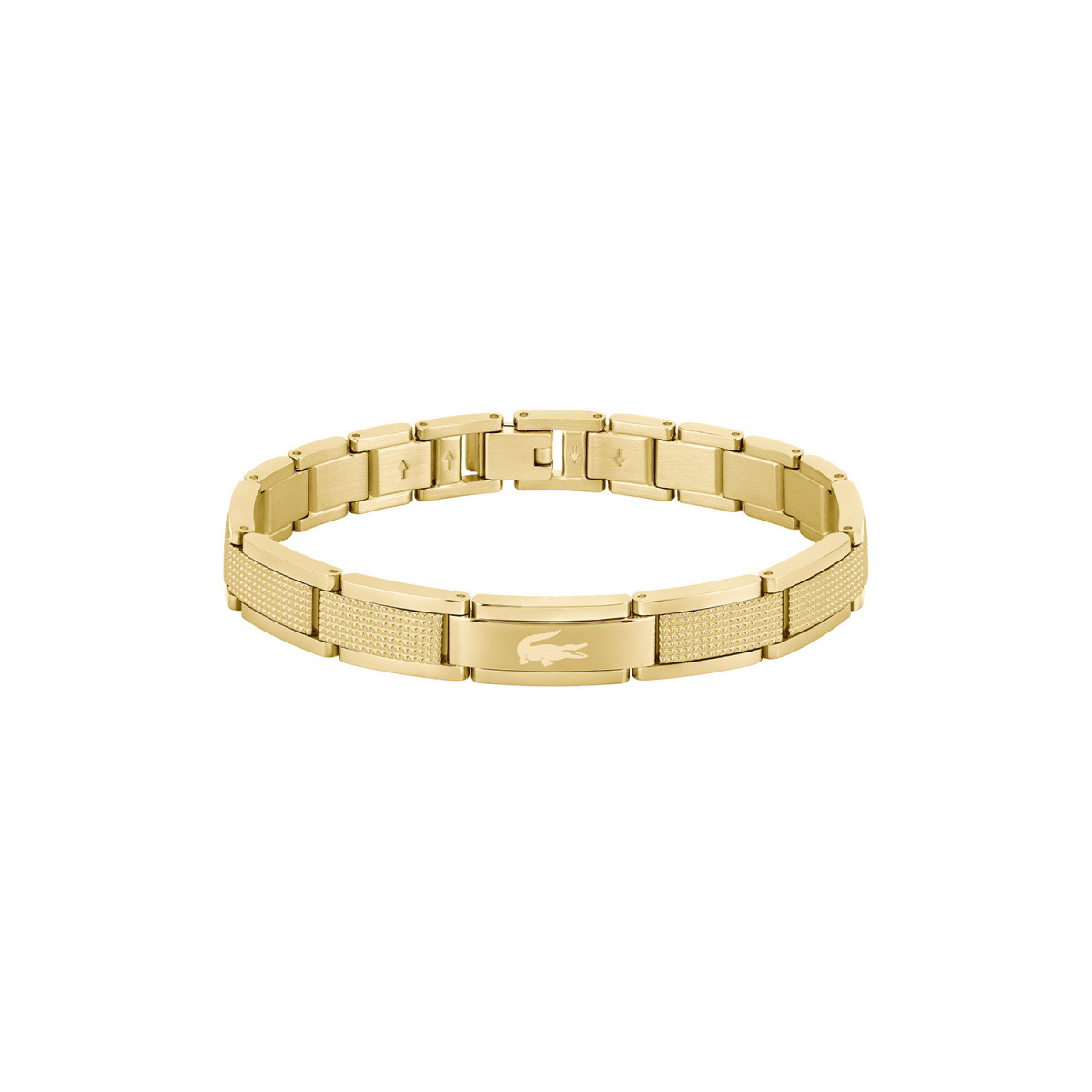 Lacoste Stencil LCJ2040219 goudkleurige stalen armband met rechthoekige schakels 9 mm breed - Lengte 19 cm