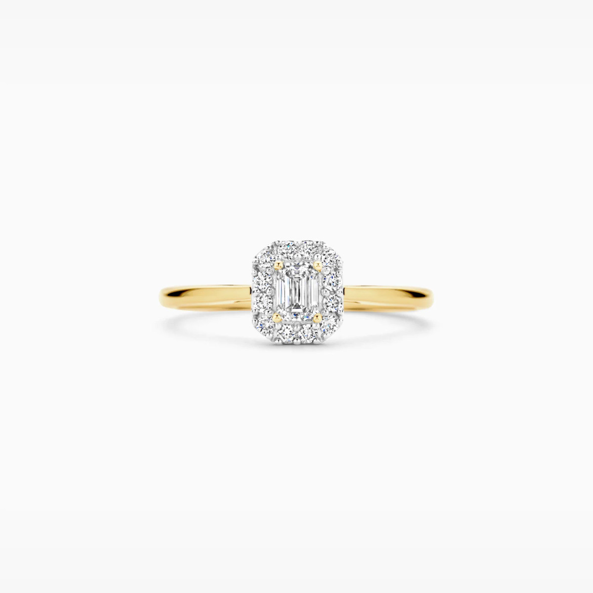 Blush Lab Diamonds LG1010Y gouden rechthoekige halo ring met 0.40 crt lab grown diamant 1 mm breed