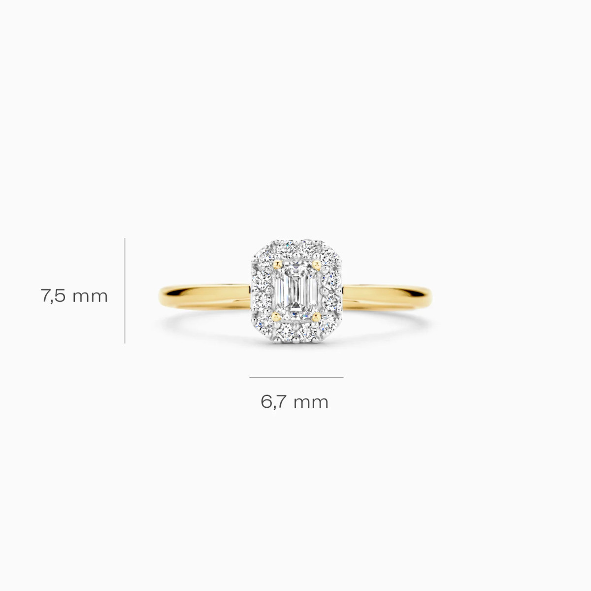 Blush Lab Diamonds LG1010Y gouden rechthoekige halo ring met 0.40 crt lab grown diamant 1 mm breed