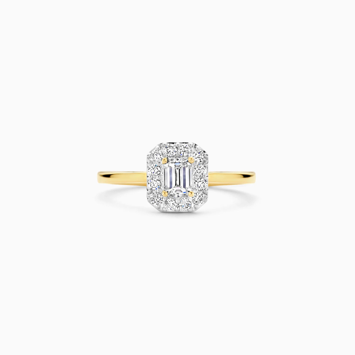 Blush Lab Diamonds LG1011Y 14-karaat gouden halo ring met rechthoekige 0.64 crt lab grown diamant