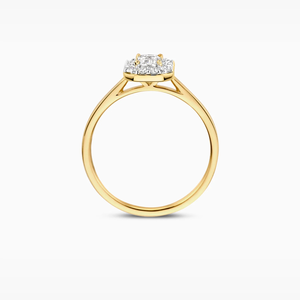 Blush Lab Diamonds LG1011Y 14-karaat gouden halo ring met rechthoekige 0.64 crt lab grown diamant