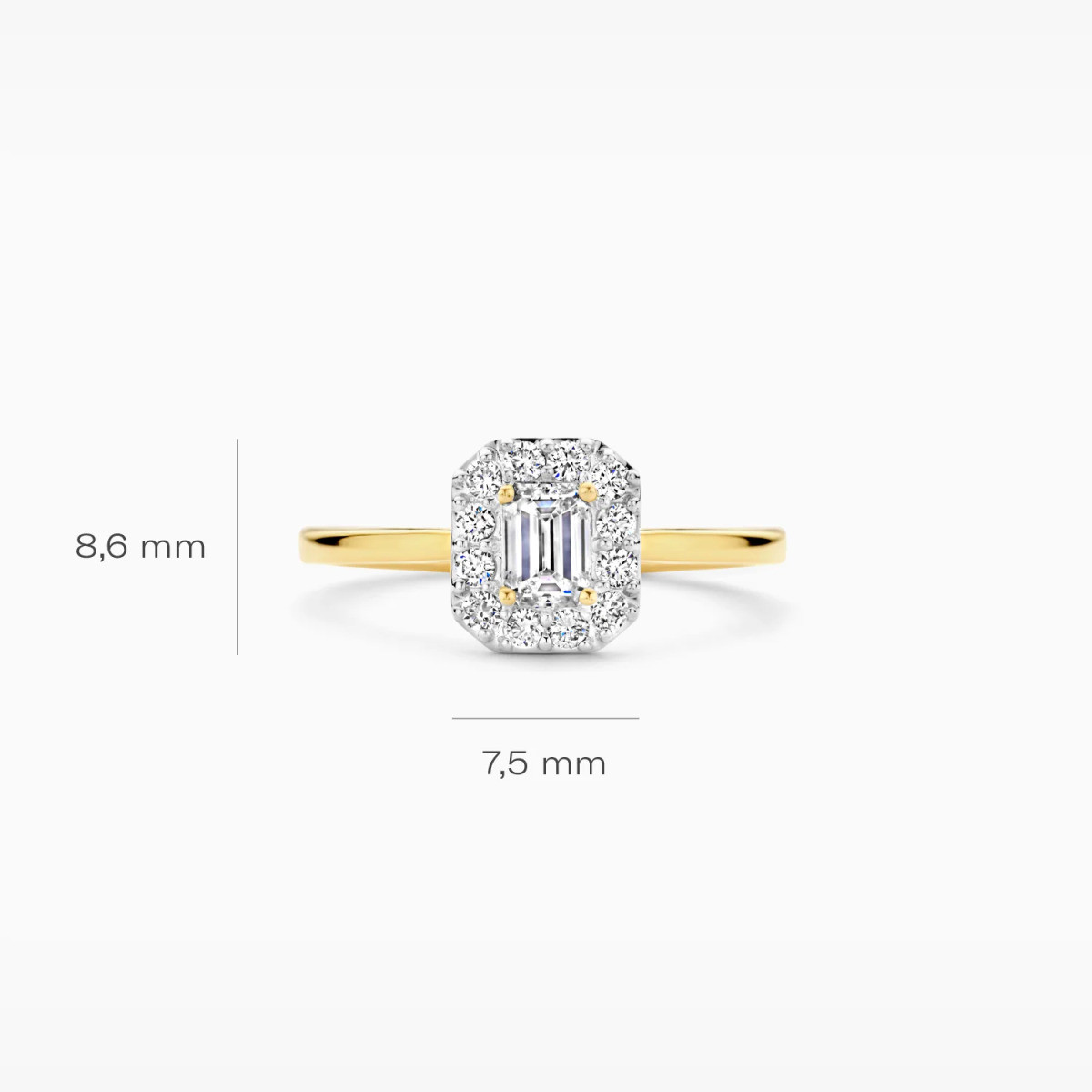 Blush Lab Diamonds LG1011Y 14-karaat gouden halo ring met rechthoekige 0.64 crt lab grown diamant